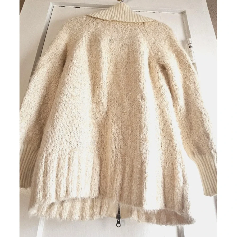 ANTHROPOLOGI women's S furry‎ knit full zip funnel neck sweater jacket ivory